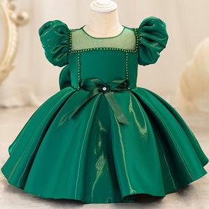 Toddler Christmas Party Dress Formal Puff Sleeve Xmas Smocked Green Costume for Girls