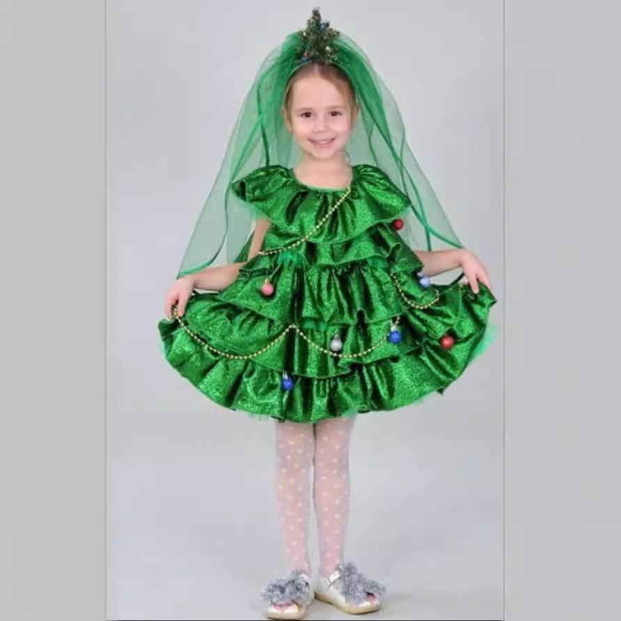 Girls Christmas Costume Xmas Tree Dress and Hat Green Outfit for Party