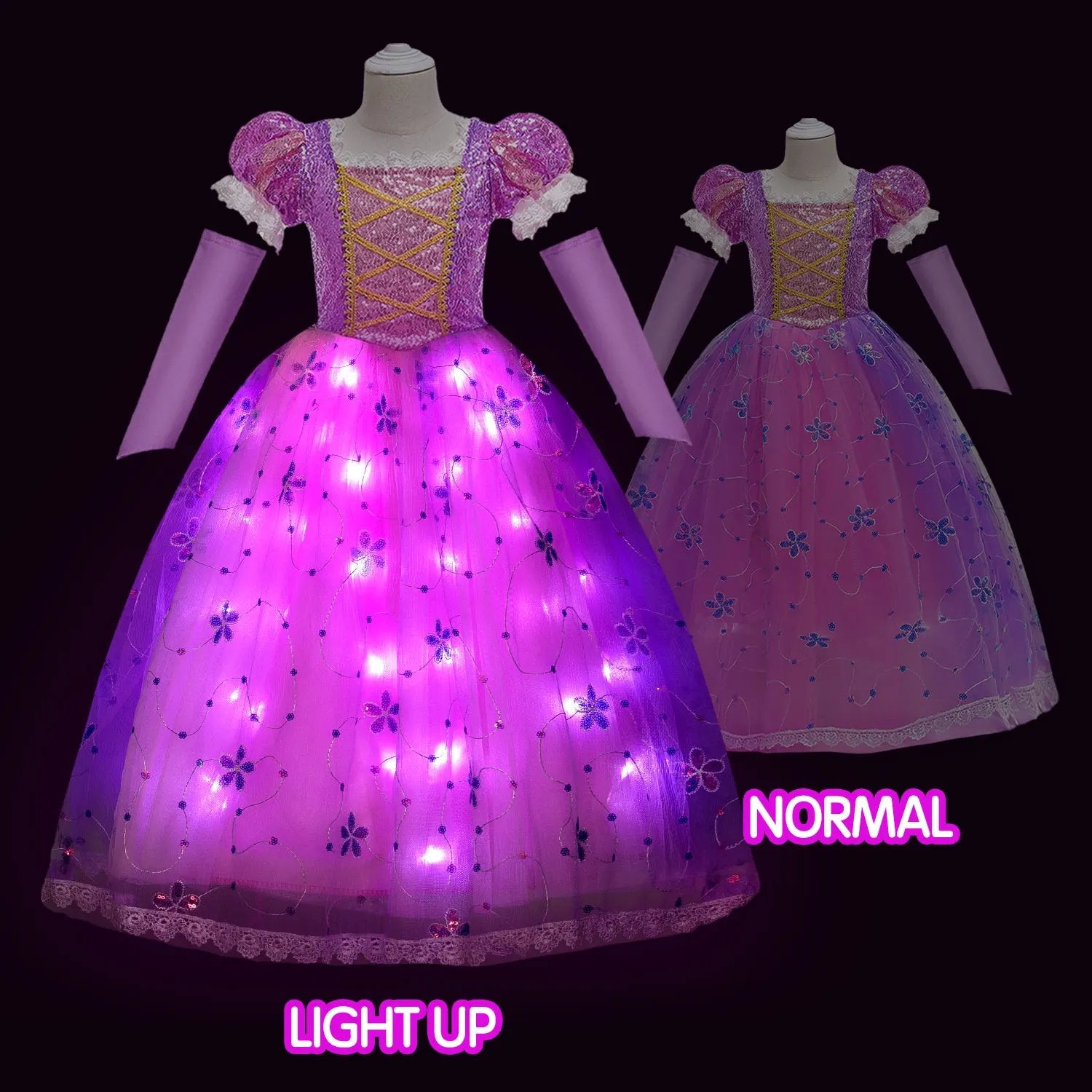 Girls Light Up Princess Dress Pink Puff Sleeve Party Long Dress Ball Gown