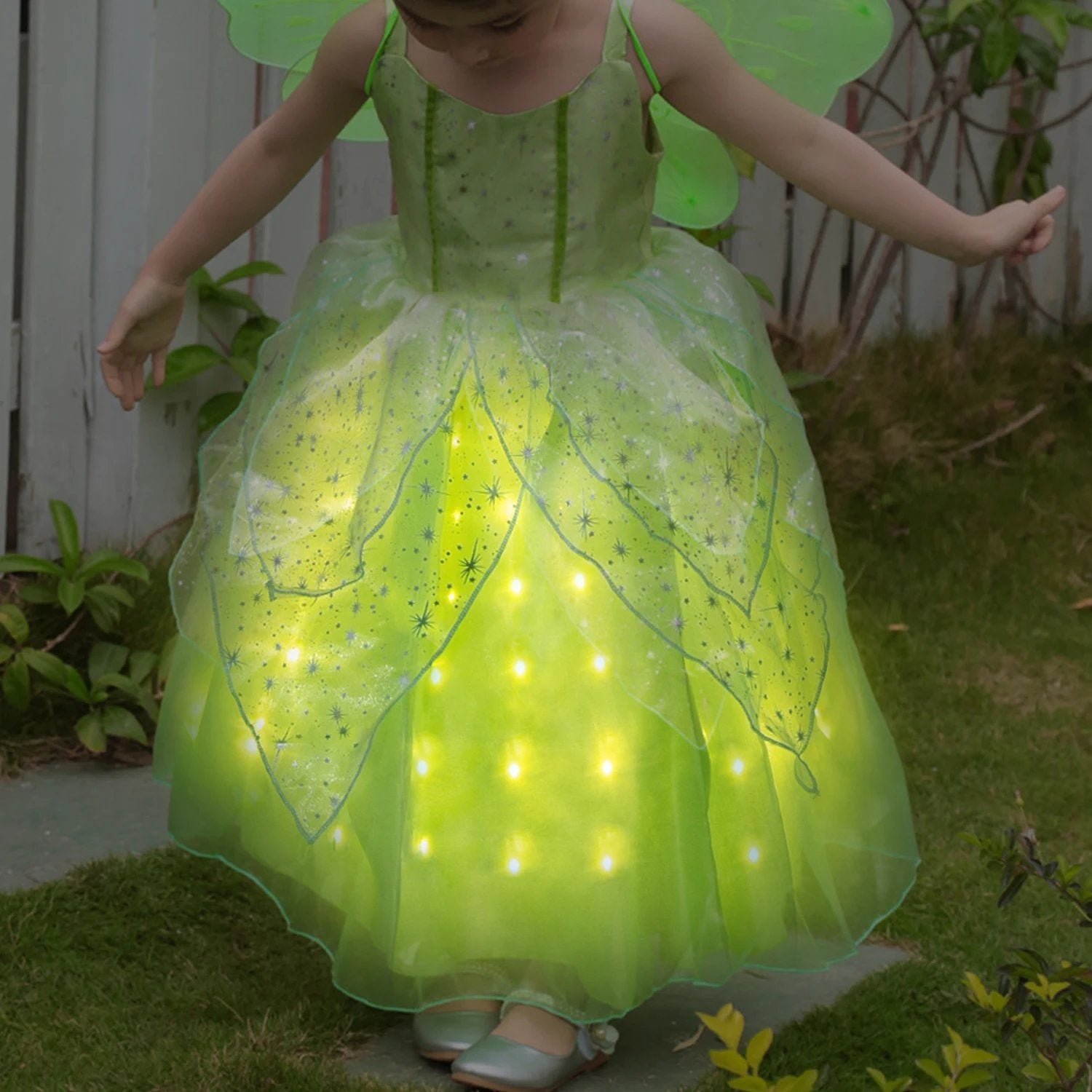 Girls Tink Bell Light Up Dress Green Ball Gown LED Costume With Wing for Dress Up Party
