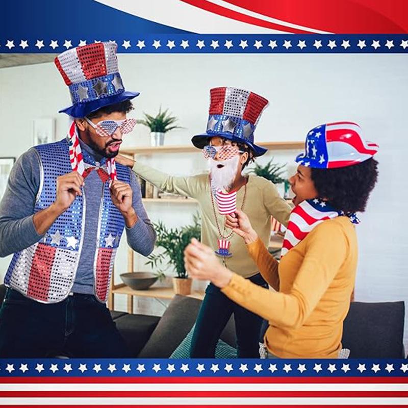 Adult Uncle Sam Outfit USA Flag Vest Hat Glasses Beard Bowknot and Necklace 6pcs Costume 4th of July Clothes