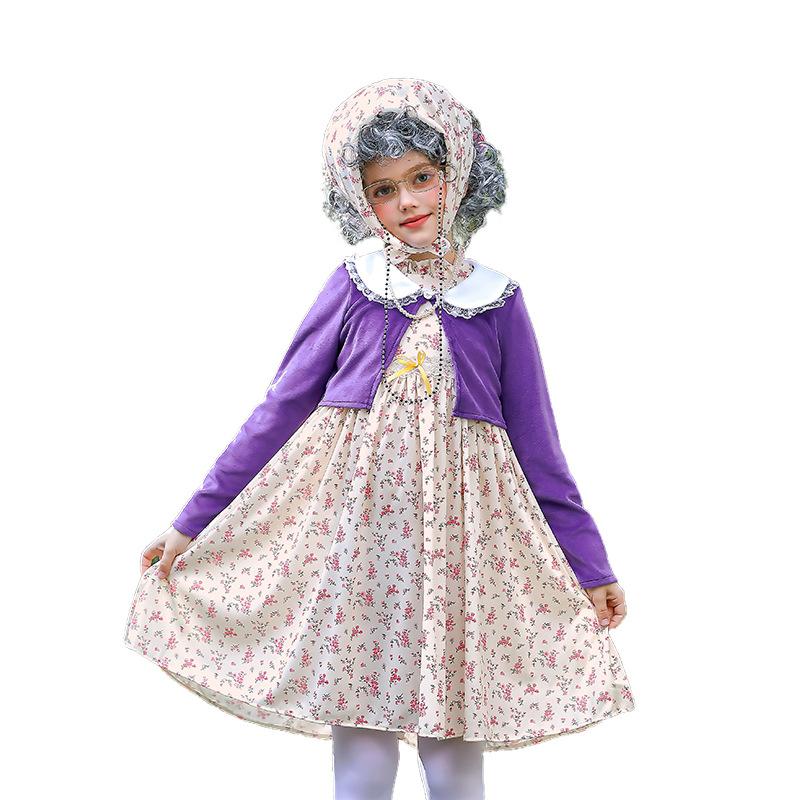 Girls 100 Days of School Old Lady Costume Grandma Cosplay Outfit Dress Wig Walking Stick Full Set