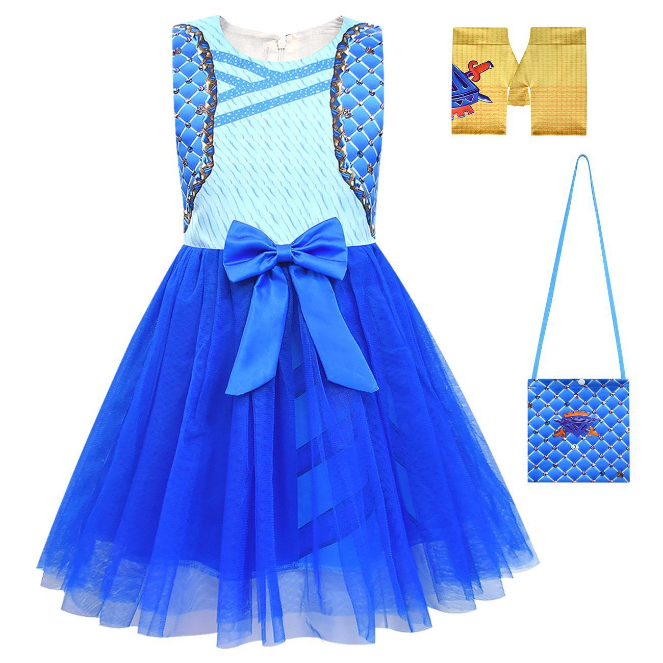 Girls Chloe Charming Sleeveless Dress Blue Costume with Bag and Gloves