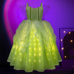 Girls Tink Bell Light Up Dress Green Ball Gown LED Costume With Wing for Dress Up Party