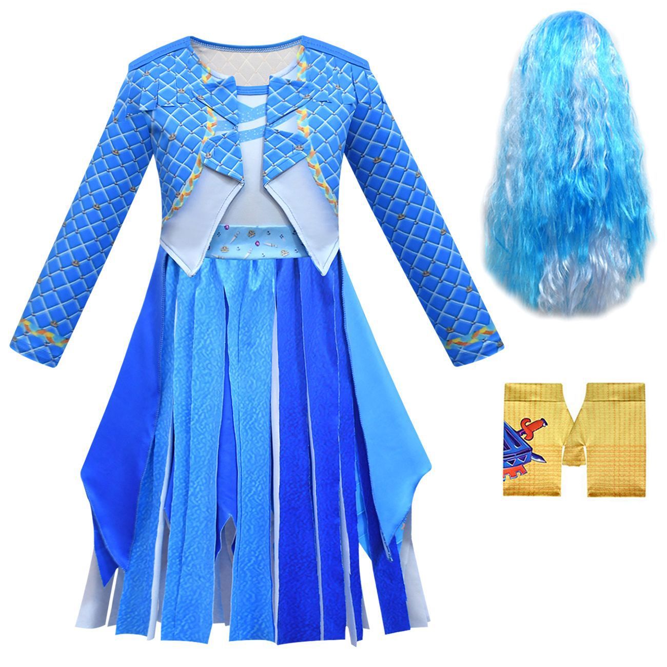 Girls Chloe Charming Costume Blue Tassel Dress Wig and Gloves for Dress Up Party