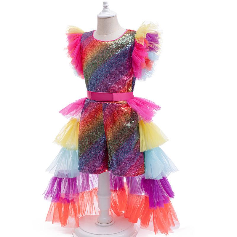 Girls Mardi Gras Costume Sequined Jumpsuit with Tiered Tulle Overskirt for Carnival Parade