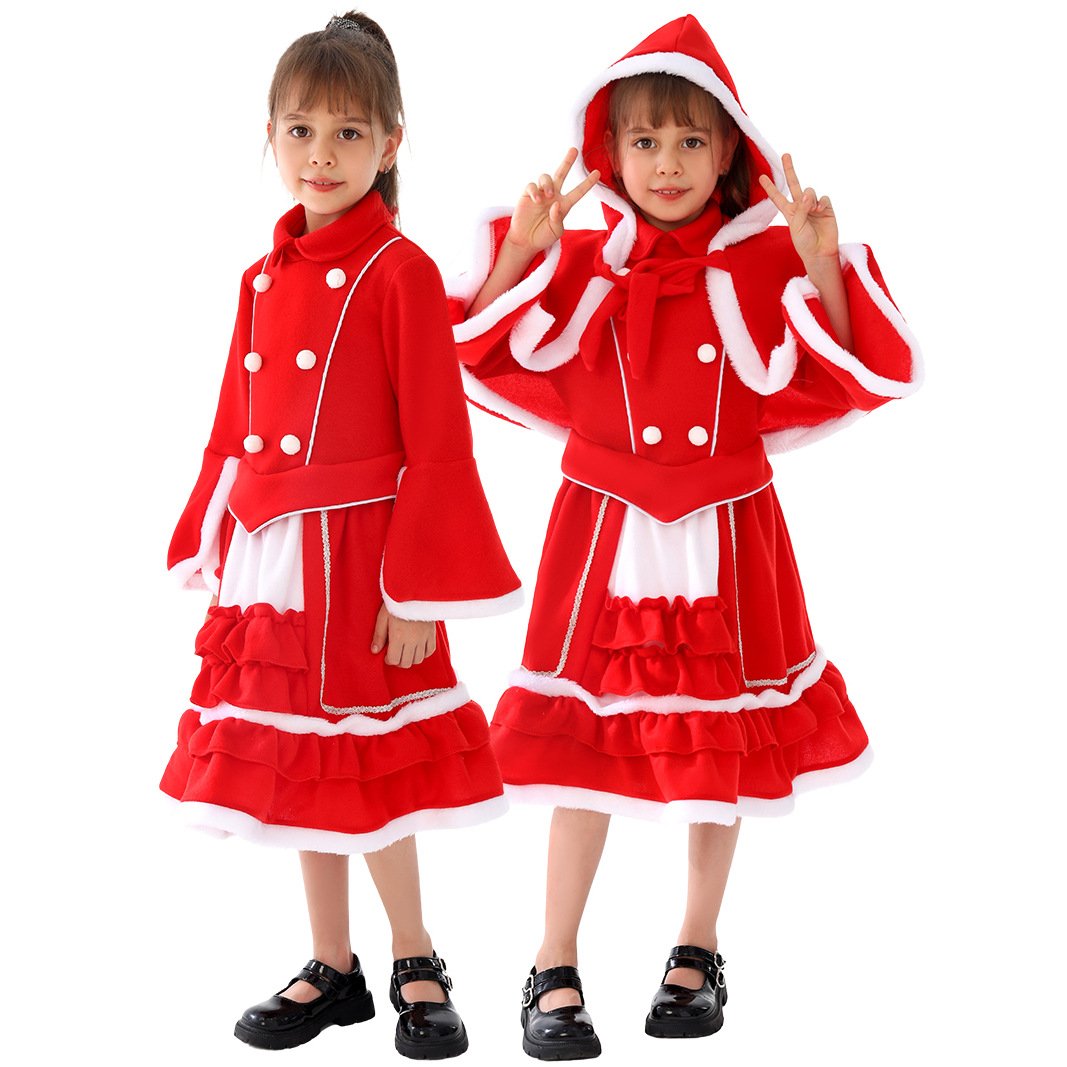 Girls Christmas Dress and Warm Red Hooded Xmas Cape for Christmas Party