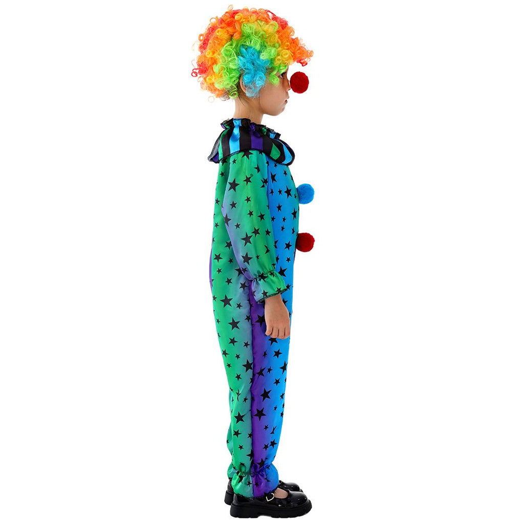 Kids Mardi Gras Jester Costume Jumpsuit Wig and Nose Outfit for Boys Girls