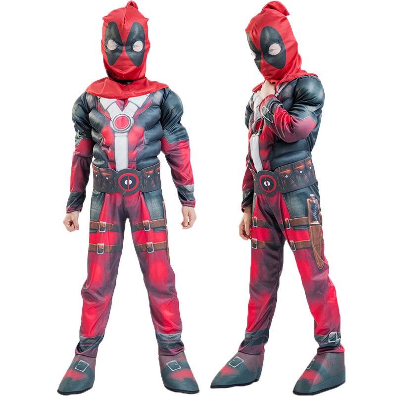 Kids Deady Pool Costume Red Muscle Jumpsuit with Helmet 2pcs Suit for Dress Up Party