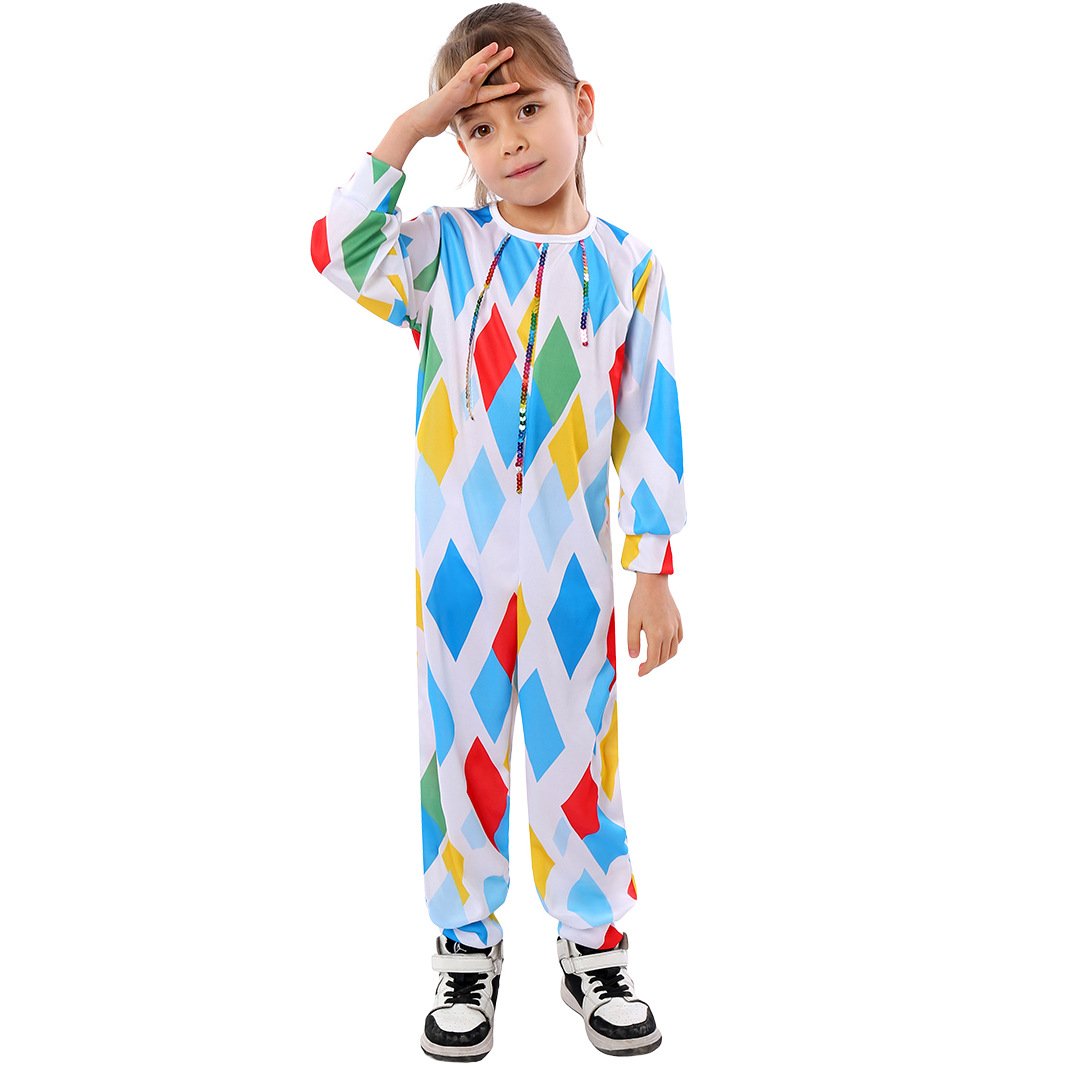 Kids Mardi Gras Outfit Harlequin Costume with Colorful Wig and Nose for Parade Party