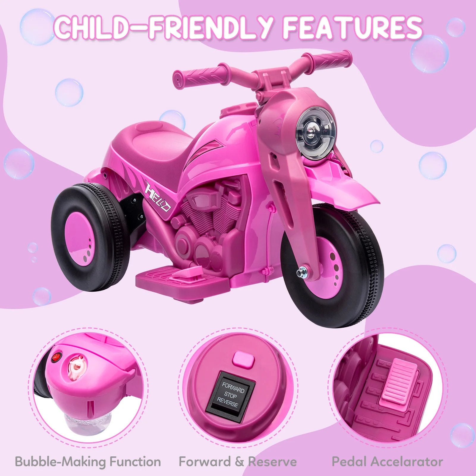 6V Electric Ride-On Bubble Motorcycle for Kids 3-Wheeled Electric Bike with Big Headlight & Music