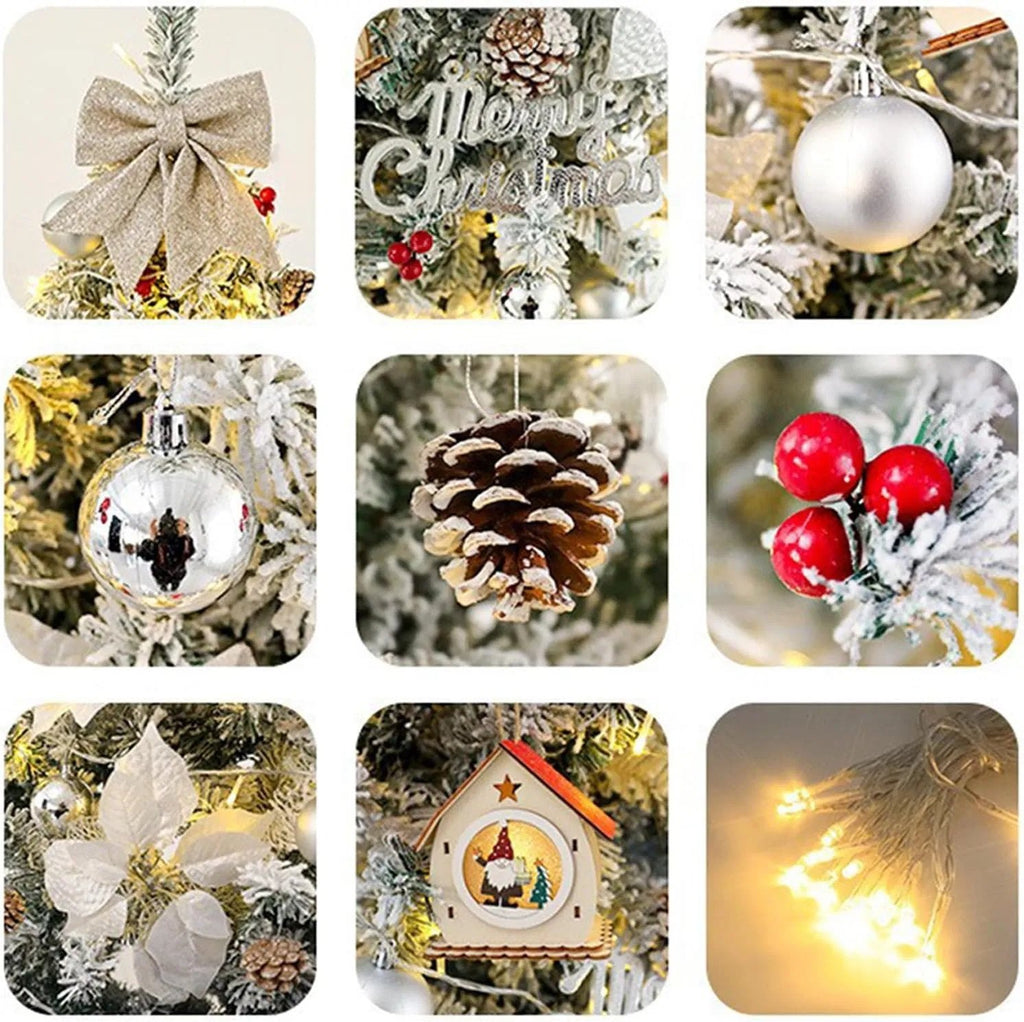 6FT/7FT Flocked Christmas Tree Lighted Pre Lit Xmas Tree with Decoration and Metal Stand for Indoor or Outdoor
