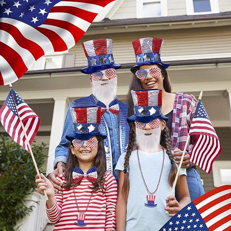 Adult Uncle Sam Outfit USA Flag Vest Hat Glasses Beard Bowknot and Necklace 6pcs Costume 4th of July Clothes