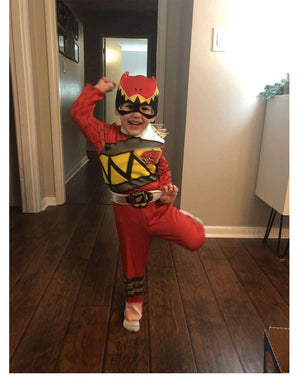 Kids Red Dragon Ranger Outfit Muscle Chest Jumpsuit with Helmet for Cosplay Party