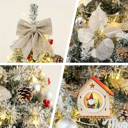 6FT/7FT Flocked Christmas Tree Lighted Pre Lit Xmas Tree with Decoration and Metal Stand for Indoor or Outdoor