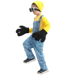 Boys Girls Minion Costumes Jumpsuit Goggles Gloves and Hat 4pcs Suit for Halloween Carnival