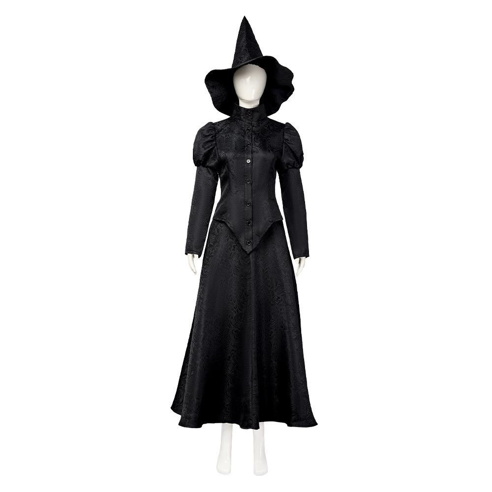 Women Elphaba Costume with Witch Hat Black Witch Dress for Halloween Cosplay