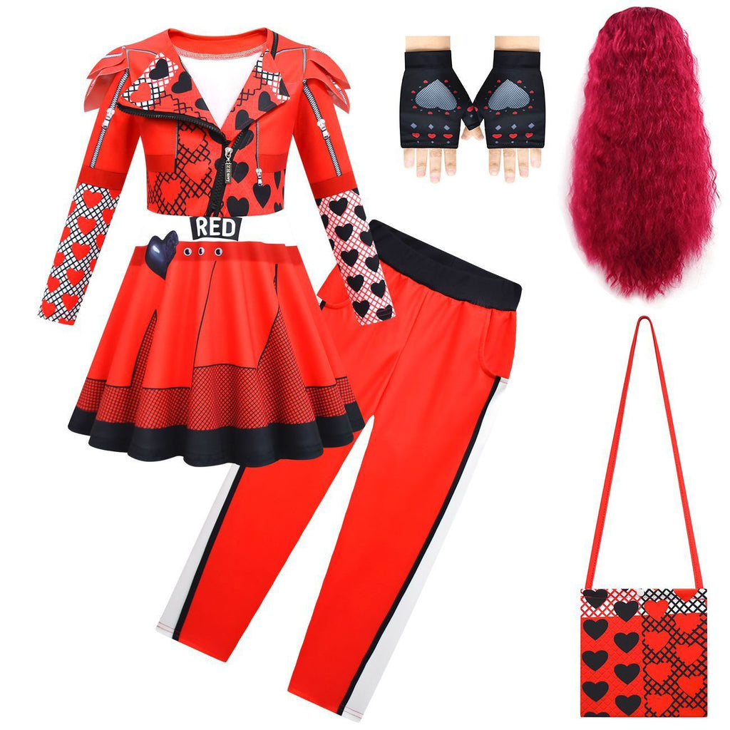 Girls Princess Red Costume Cosplay Dress Bag Gloves Wig and Pants for Halloween Party