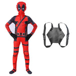 Kids Deady Pool Costume Red Jumpsuit with Helmet Backpack and Swords for Halloween Cosplay