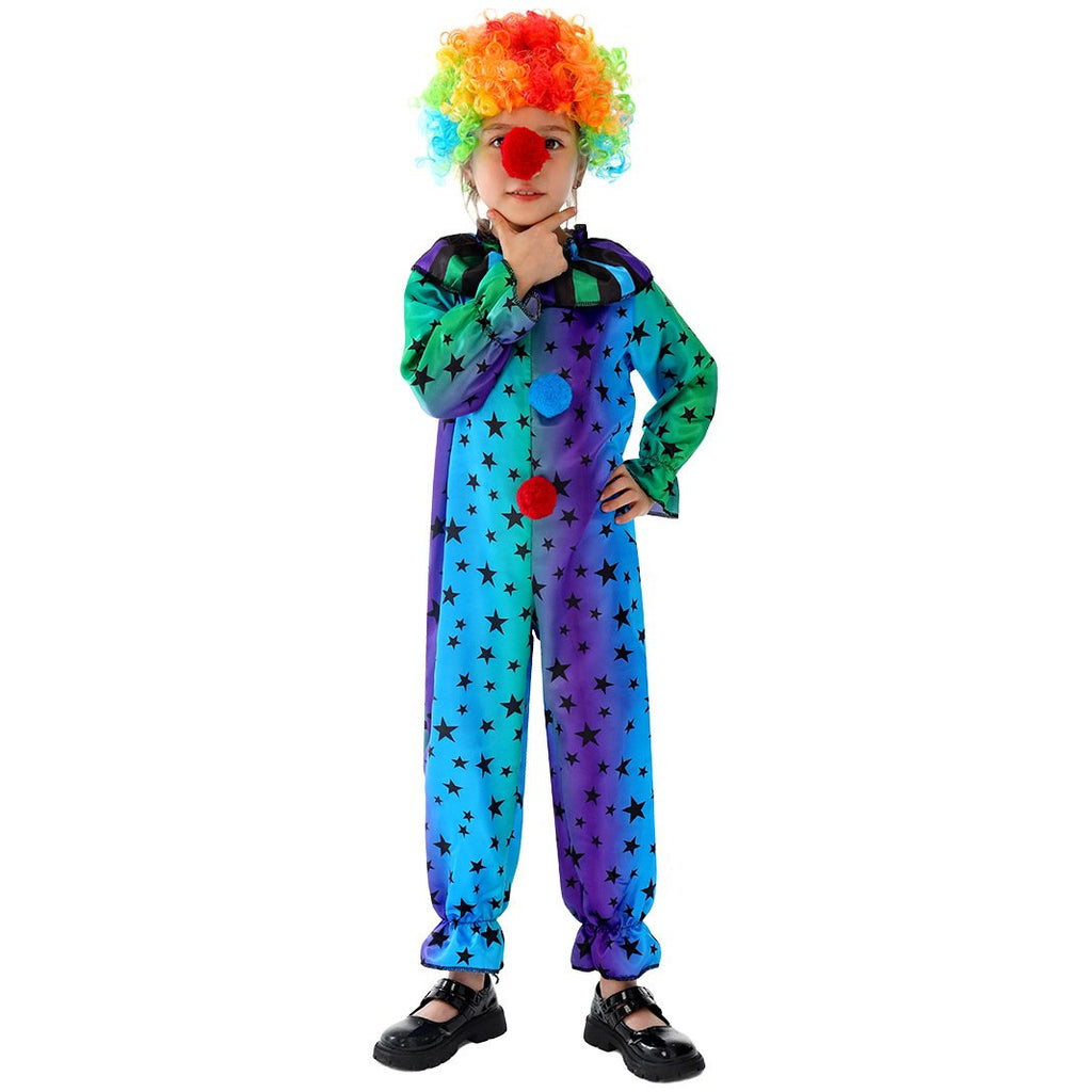 Kids Mardi Gras Jester Costume Jumpsuit Wig and Nose Outfit for Boys Girls