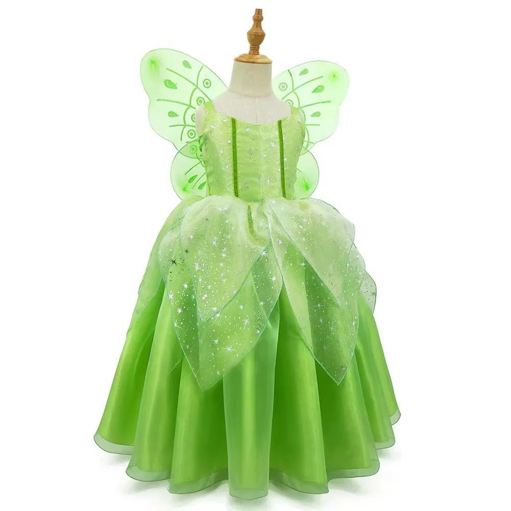 Girls Tink Bell Light Up Dress Green Ball Gown LED Costume With Wing for Dress Up Party