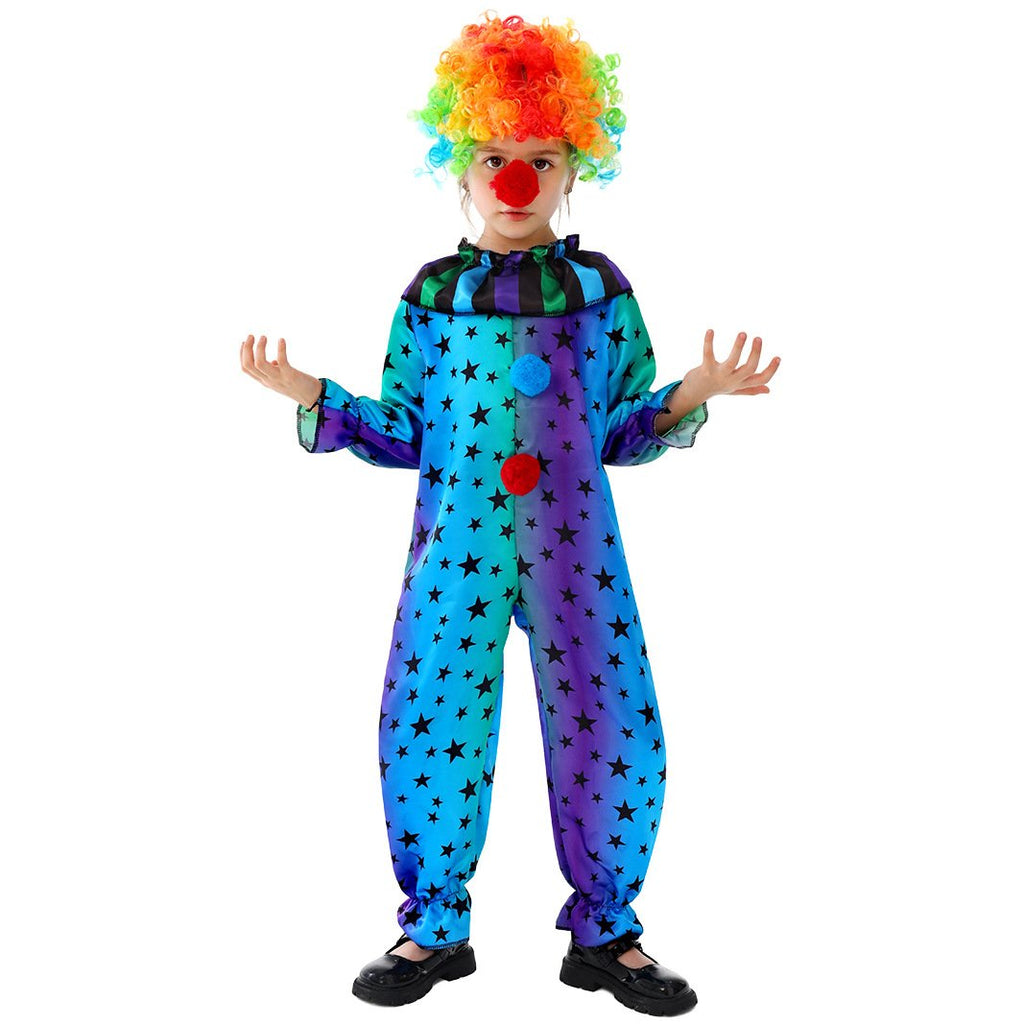 Kids Mardi Gras Jester Costume Jumpsuit Wig and Nose Outfit for Boys Girls