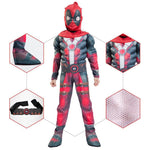 Kids Deady Pool Costume Red Muscle Jumpsuit with Helmet 2pcs Suit for Dress Up Party
