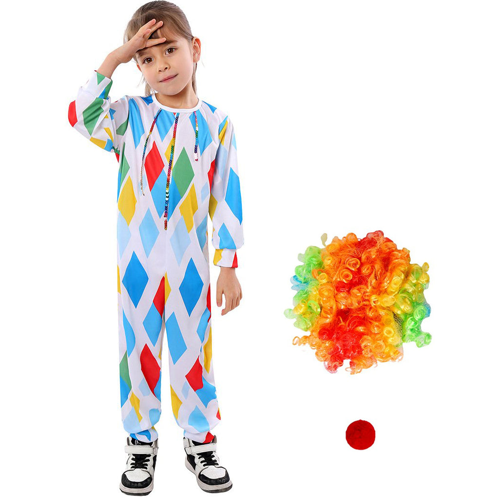 Kids Mardi Gras Outfit Harlequin Costume with Colorful Wig and Nose for Parade Party