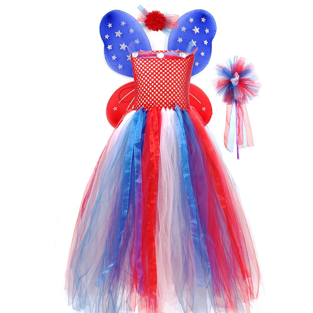 Girls July 4th Outfit Ball Gown Dress with Wing Fairy Wand Headband Full Set for Carnival