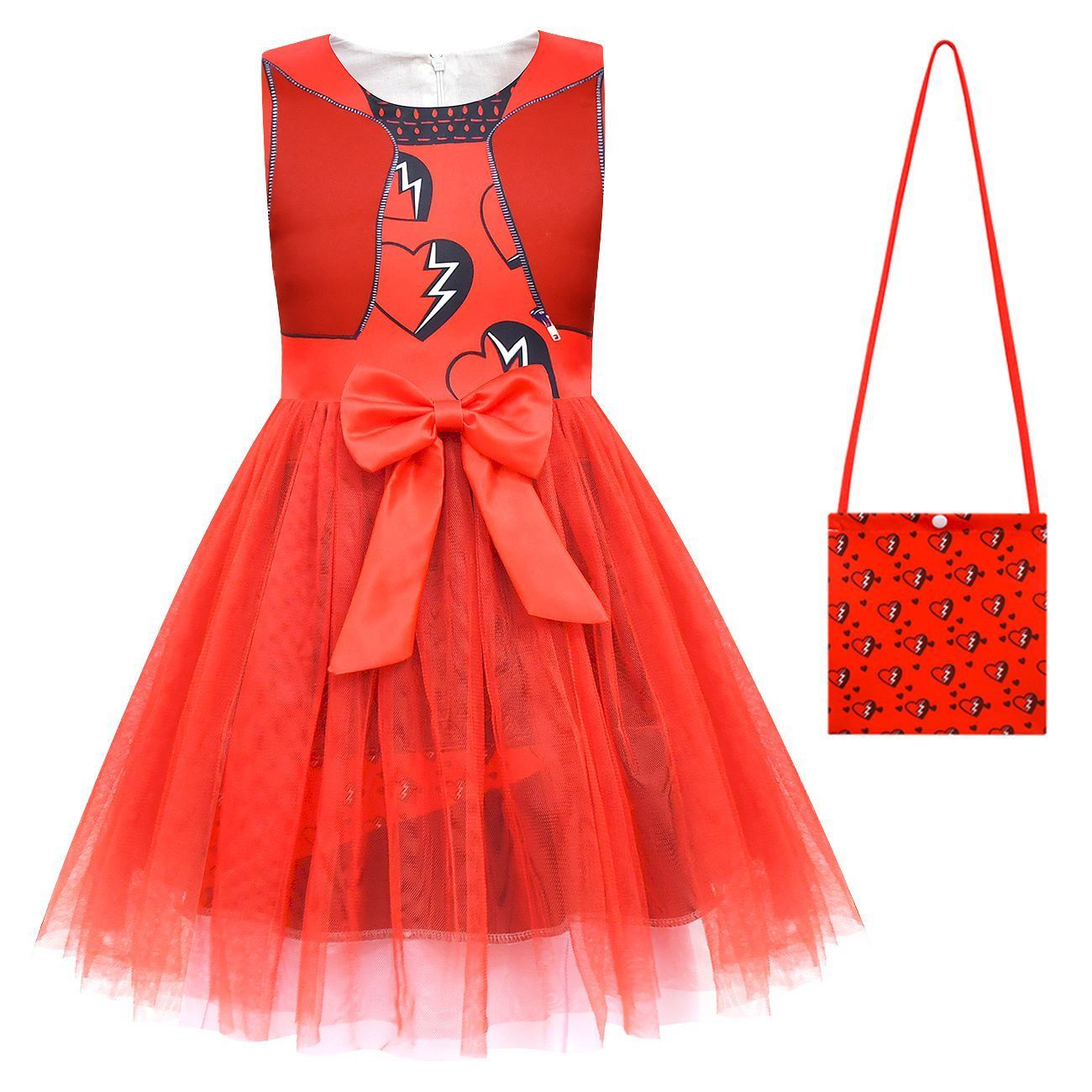 Girls Princess Red Party Dress The Rise of Red Halloween Outfit with Bag and Gloves