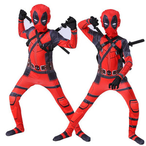 Kids Deady Pool Costume Red Jumpsuit with Helmet Backpack and Swords for Halloween Cosplay
