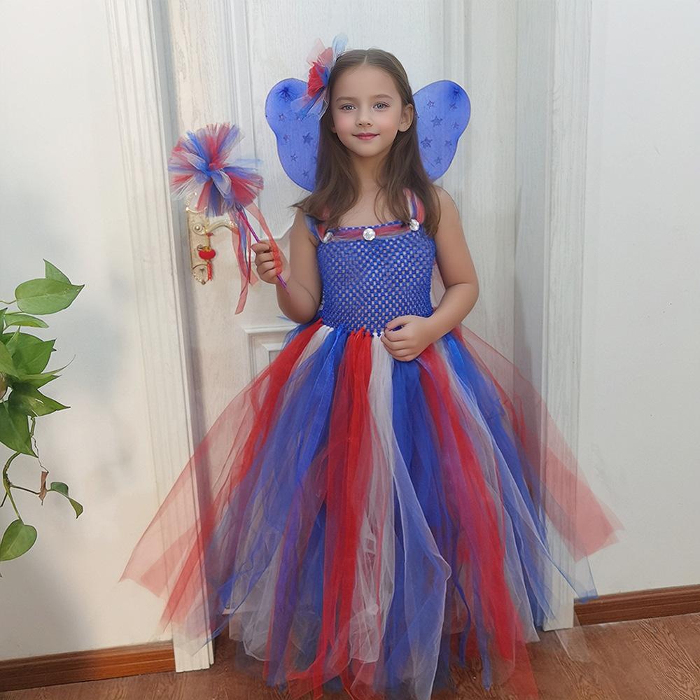 Girls July 4th Outfit Ball Gown Dress with Wing Fairy Wand Headband Full Set for Carnival
