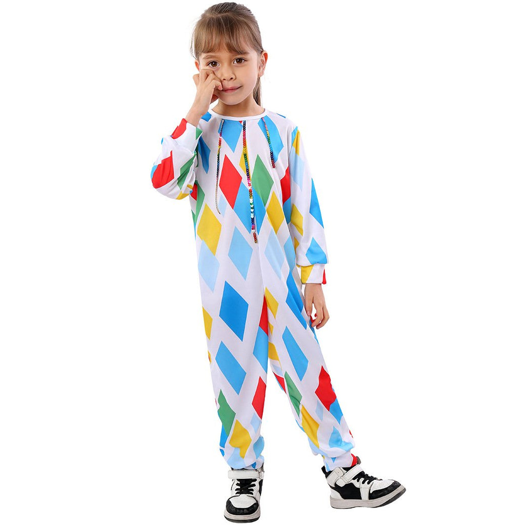 Kids Mardi Gras Outfit Harlequin Costume with Colorful Wig and Nose for Parade Party