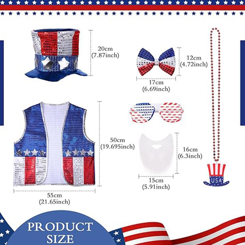 Adult Uncle Sam Outfit USA Flag Vest Hat Glasses Beard Bowknot and Necklace 6pcs Costume 4th of July Clothes