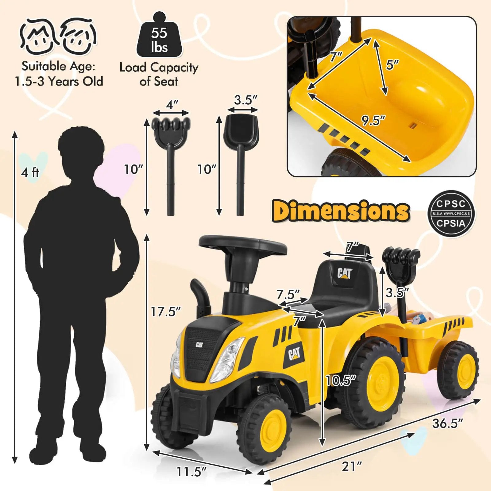 Kids Ride-On Tractor Foot-to-Floor Sliding Car with Detachable Trailer, LED Lights, Horn, and Sand Play Tools for Ages 1.5-3