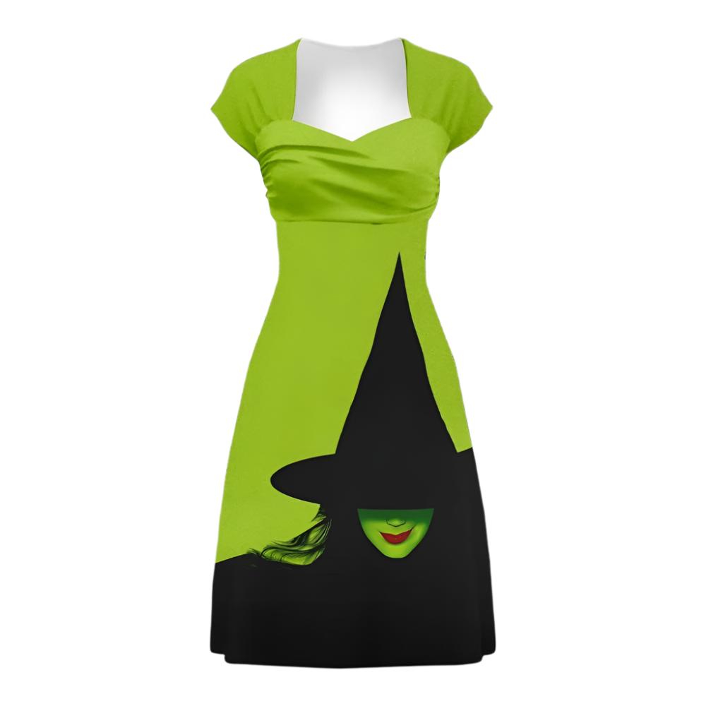 Female Wicked Green Dress Short Sleeve Witch Costume for Halloween Carnival