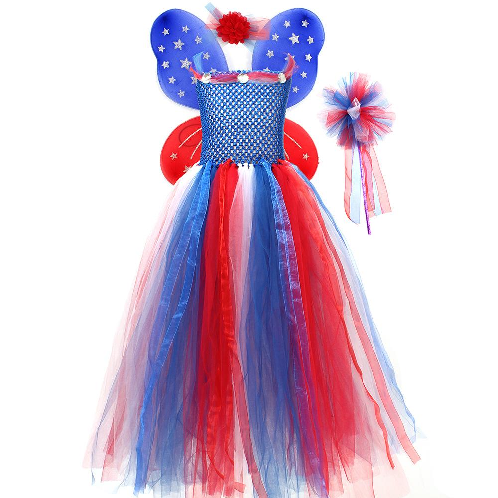 Girls July 4th Outfit Ball Gown Dress with Wing Fairy Wand Headband Full Set for Carnival