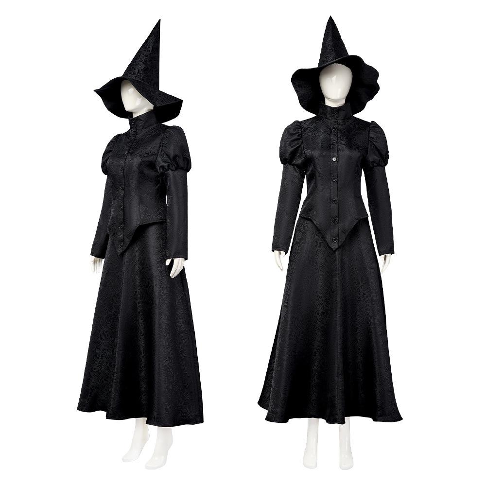 Women Elphaba Costume with Witch Hat Black Witch Dress for Halloween Cosplay