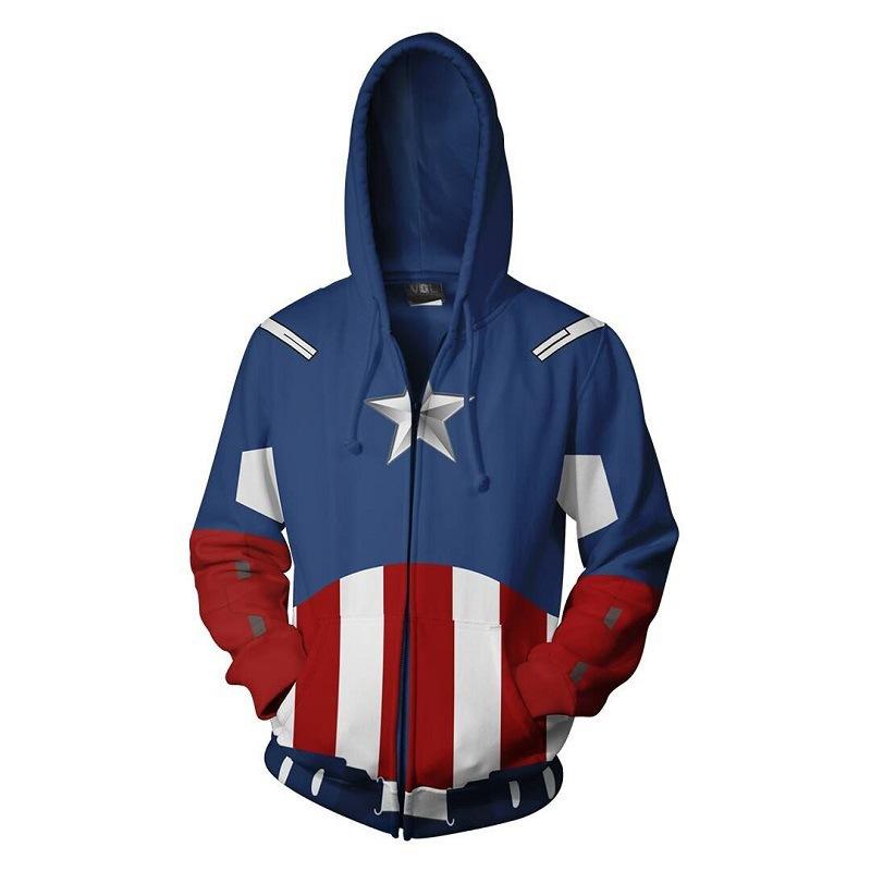 Adult Avengers Captain Hoodie Zip-up Sweatshirt Mens Hooded Pullover Superhero Costume