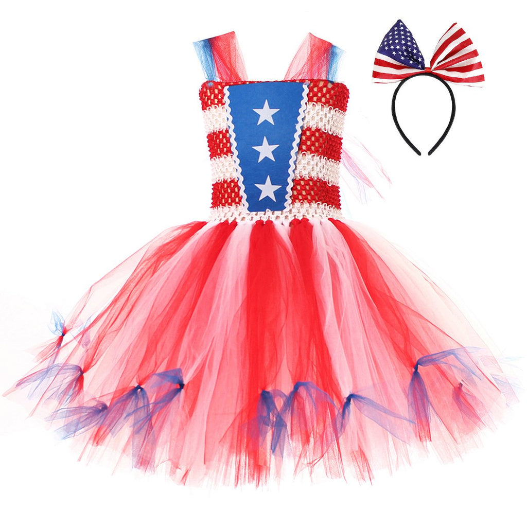 Girl American Flag Dress and Headband 4th of July Clothes for National Day Parade