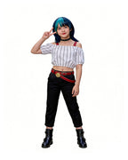 Kirara Outfit Striped Crop Top Flared Trousers with Spiked Choker and Double-layered Red Belts