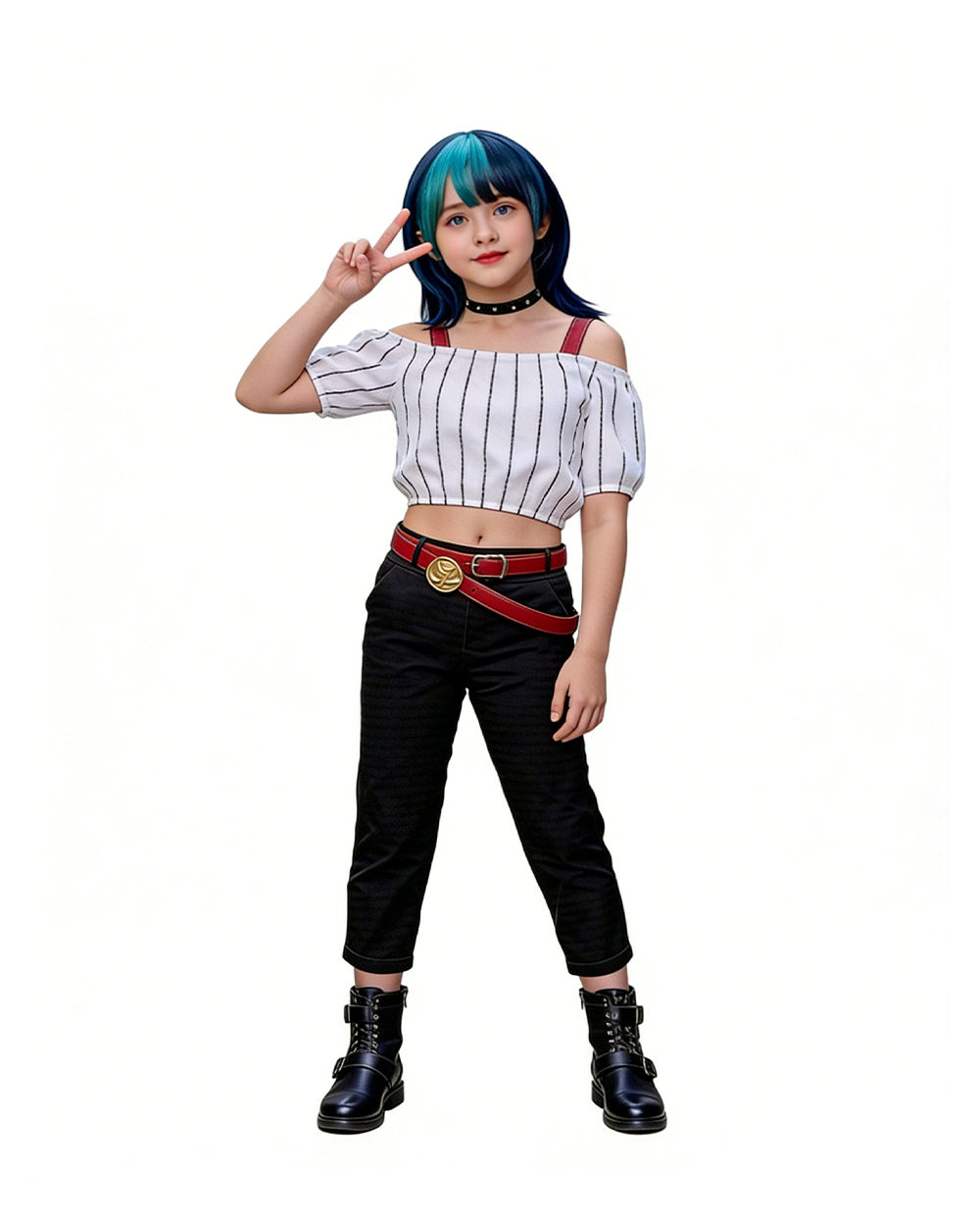 Kirara Outfit Striped Crop Top Flared Trousers with Spiked Choker and Double-layered Red Belts