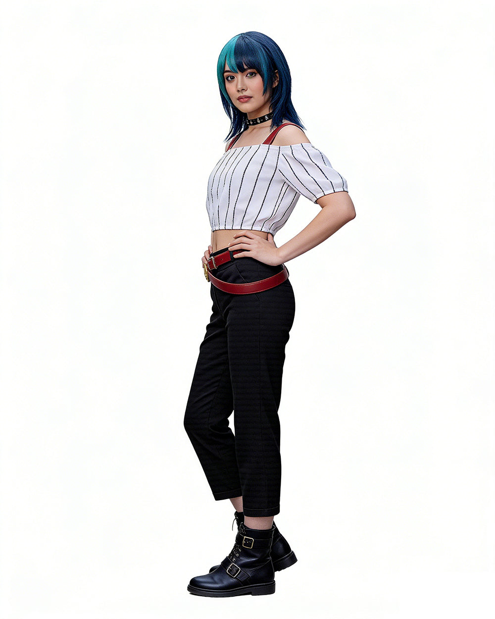 Kirara Outfit Striped Crop Top Flared Trousers with Spiked Choker and Double-layered Red Belts