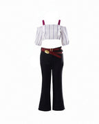 Kirara Outfit Striped Crop Top Flared Trousers with Spiked Choker and Double-layered Red Belts