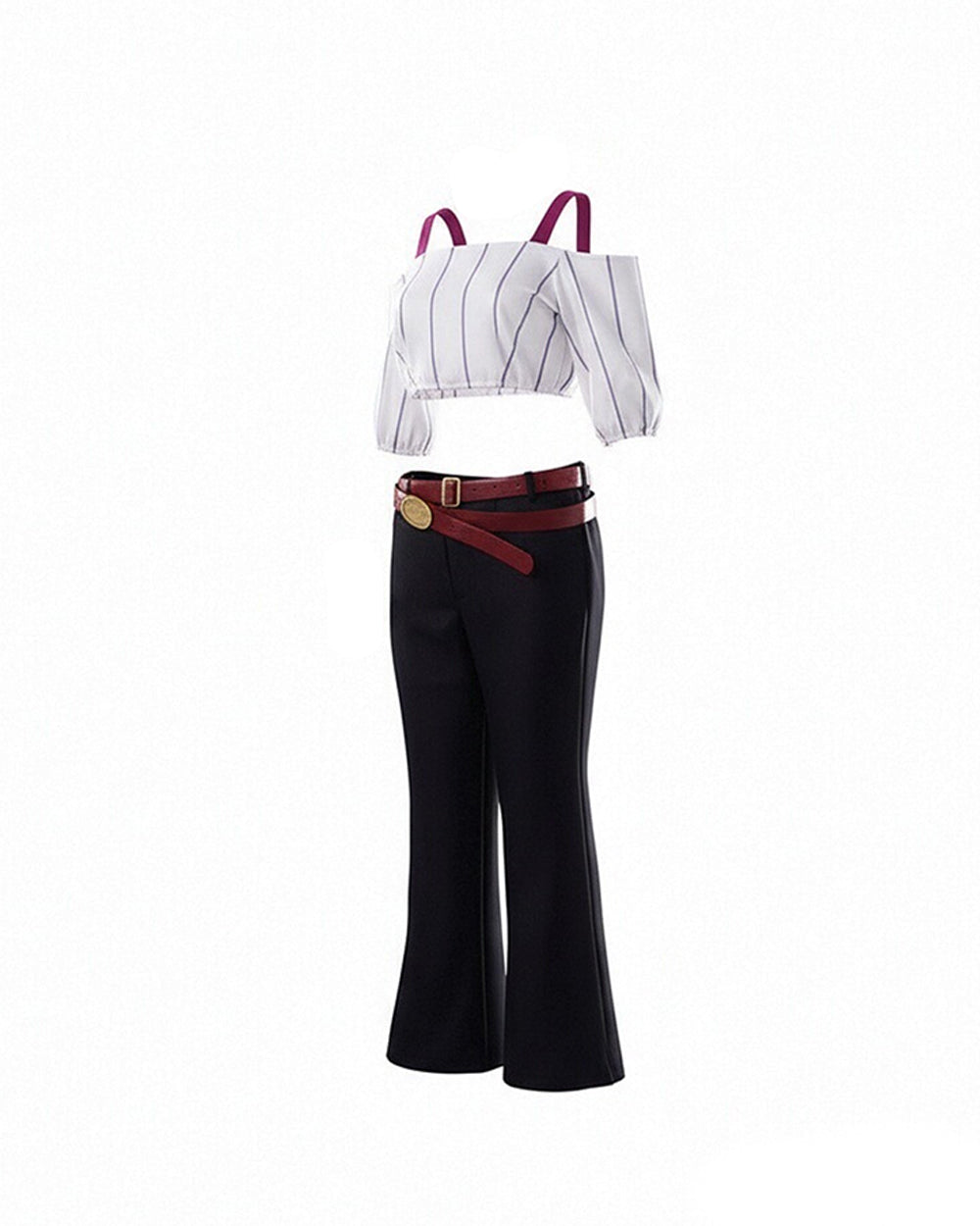 Kirara Outfit Striped Crop Top Flared Trousers with Spiked Choker and Double-layered Red Belts