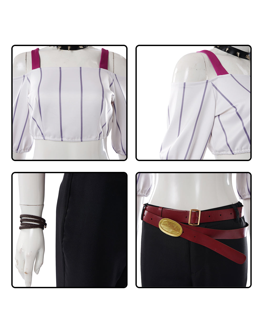 Kirara Outfit Striped Crop Top Flared Trousers with Spiked Choker and Double-layered Red Belts