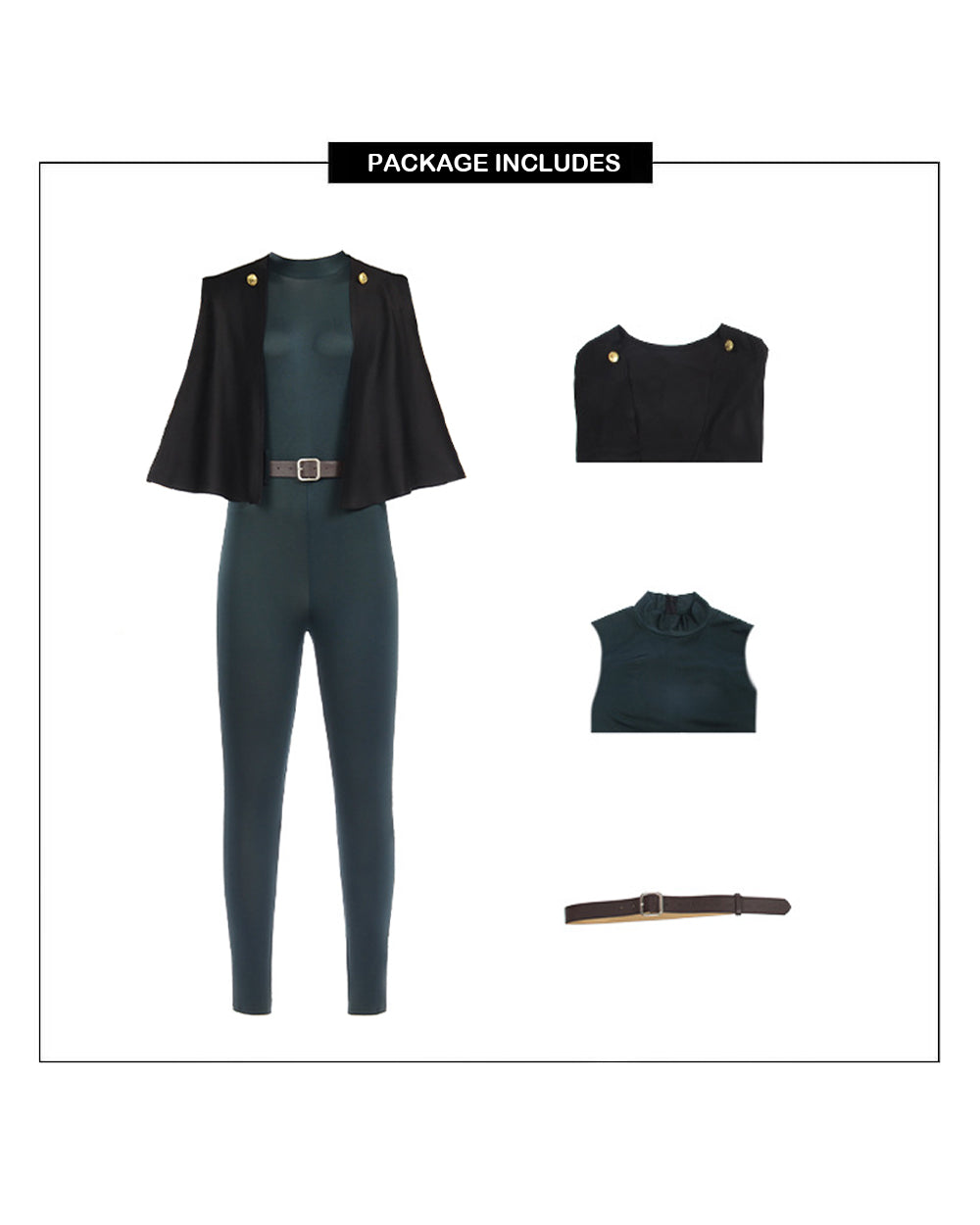 Maki Costume Dark Green Sorceress Outfit Jumpsuit with Black Cape and Belt