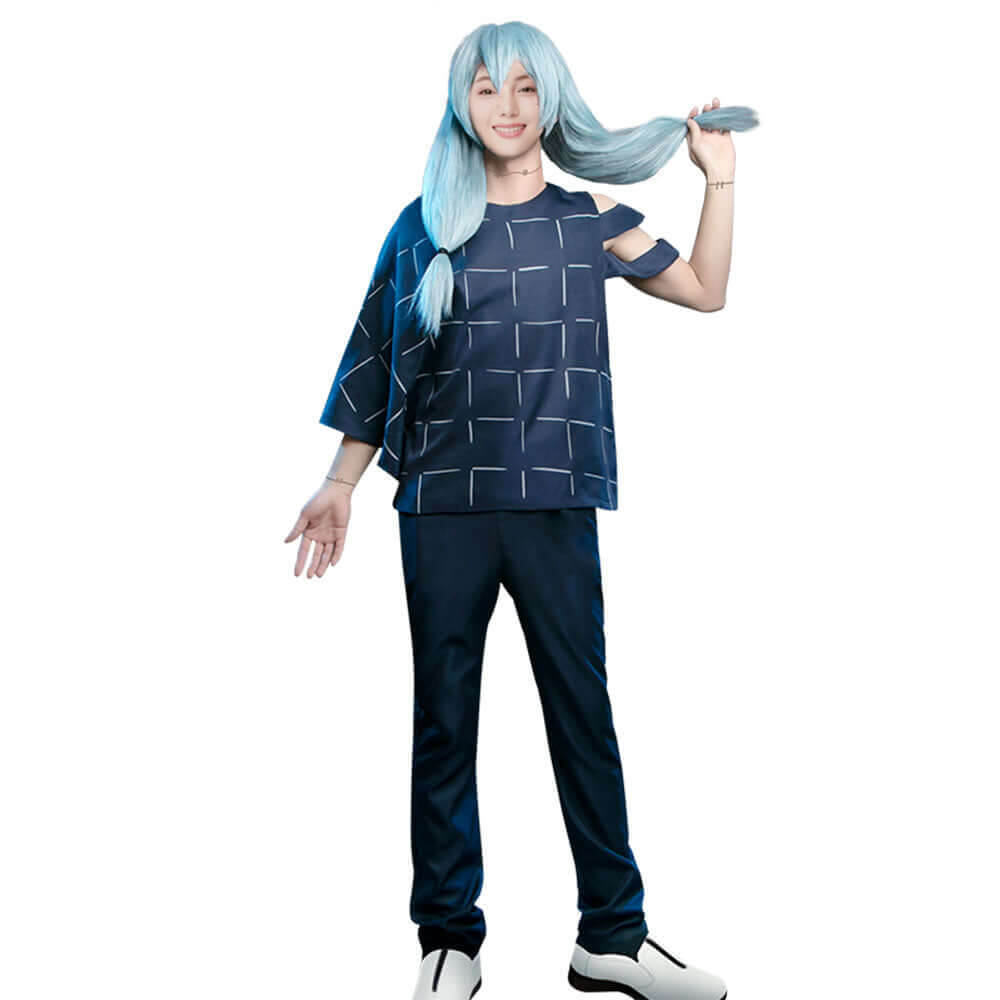 Women Maki Costume Blue Mahito Tops Pants 2pcs Suit for Halloween Cosplay