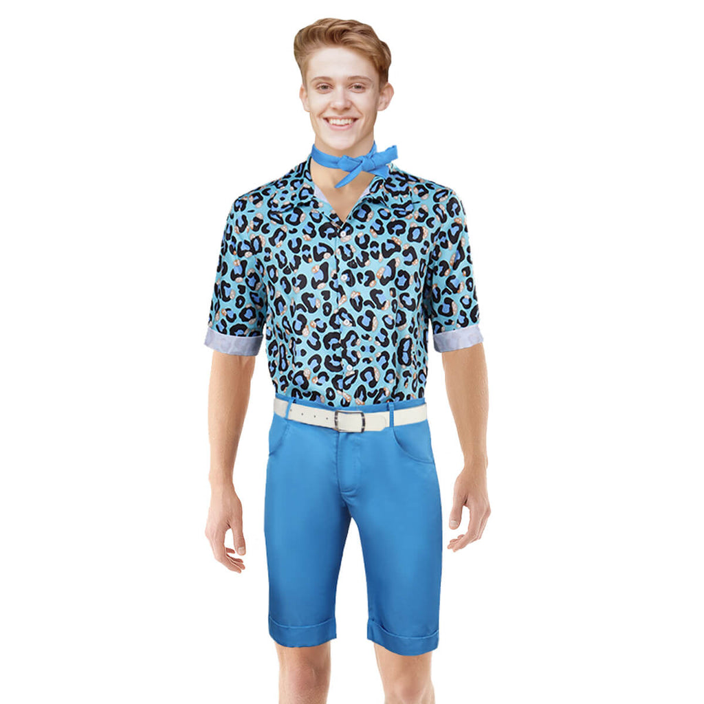 Men Cosplay Costume Leopard Print Combo Blue Hawaii Shirt and Beach Shorts for Men