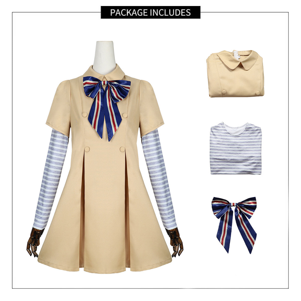 Megan Dress Kids Adults AI Robot Khaki Costume Shirt Dress and Bowknot Full Set for Halloween Carnival